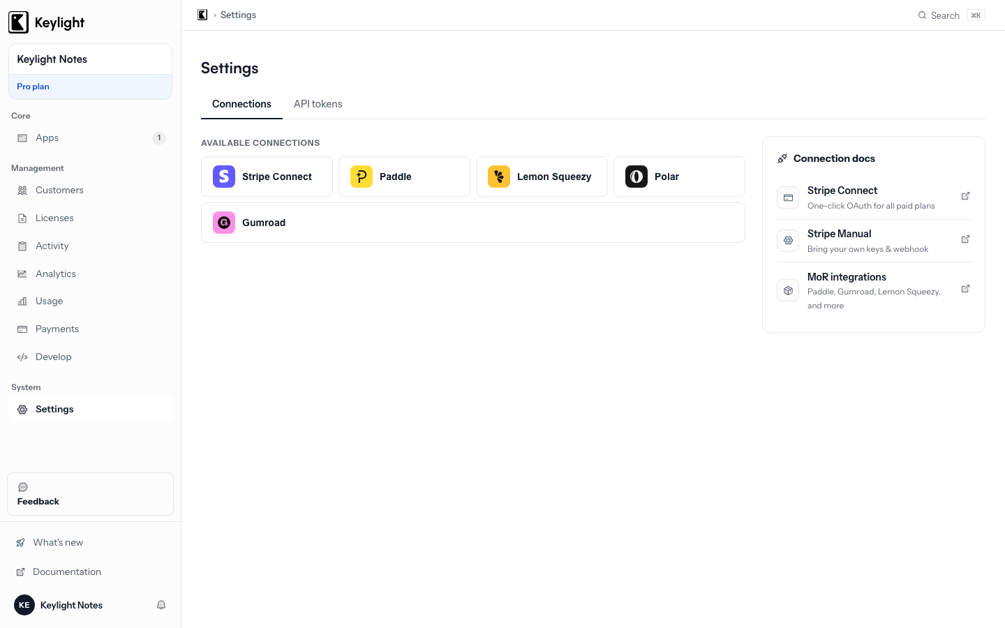 Keylight connection settings listing the supported payment providers — Stripe Connect, Paddle, Lemon Squeezy, Polar, and Gumroad — as connectable cards.
