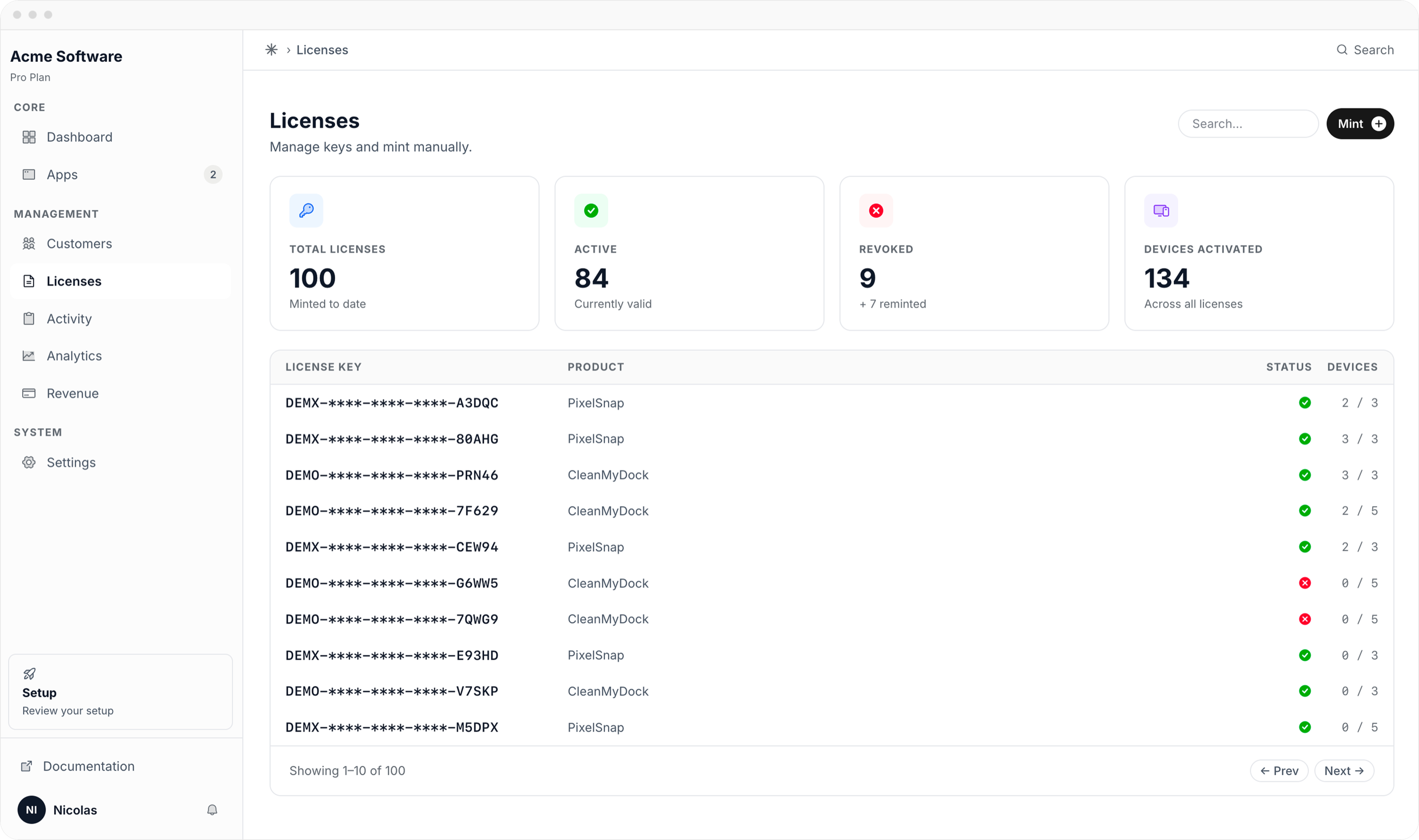 Preview of the Keylight dashboard showing 100 licenses, stat cards for active / revoked / devices, and a sortable key list.